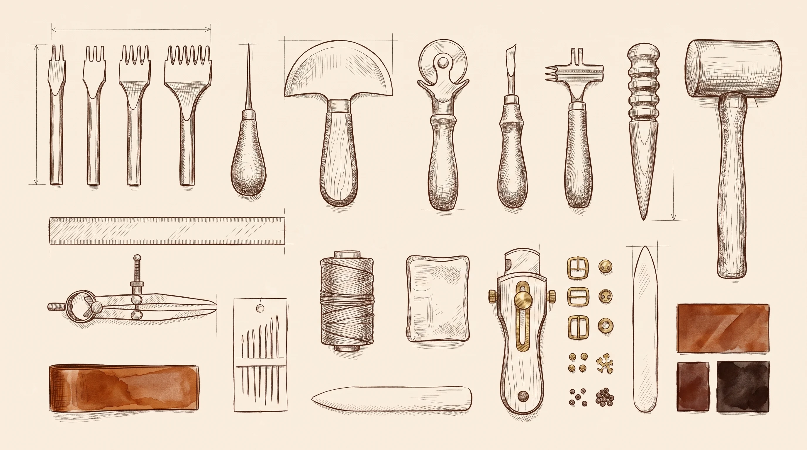 Sketchbook flat-lay of leatherworking tools: stitching chisels, awl, round knife, wheels, burnisher, mallet, rule, divider, needles, waxed thread, beeswax, strap cutter, brass hardware, bone folders and leather swatches