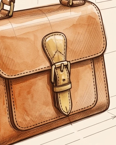 Sketch detail of a satchel flap with a brass buckle