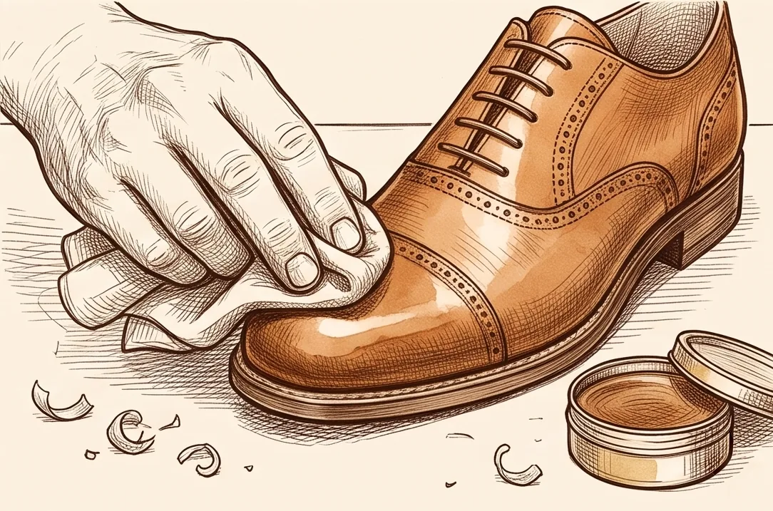 Sketch: polishing the toe cap of a tan oxford with a soft cloth and wax