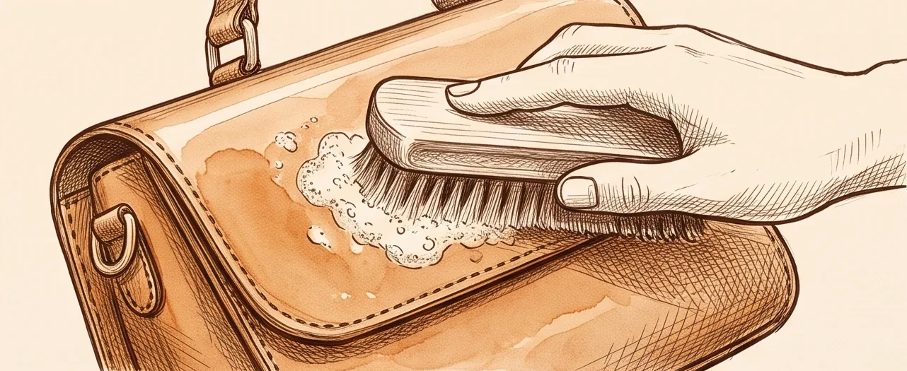Sketch: a soft brush and light foam lifting dirt from a tan bag