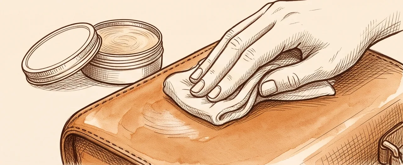 Sketch: balm worked into tan leather with a soft cloth, an open tin beside it